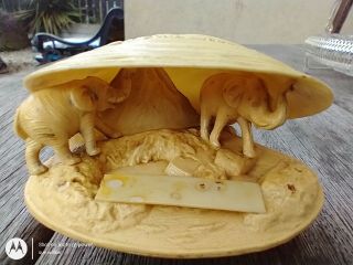 Vintage Japanese Carved Clam Shell Diorama Celluloid Netsuke - Elephants/pagoda