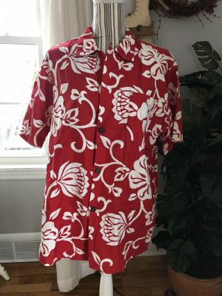 Vintage Men Royal Hawaiian Black White Red Floral S/s Button Shirt Sz M - L