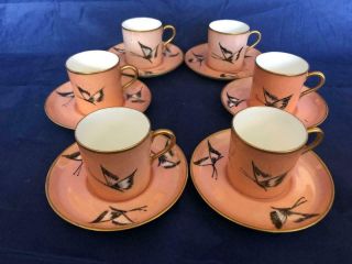 Fine Set Of 6 Antique Aynsley Bone China Butterfly Coffee Cup And Saucers