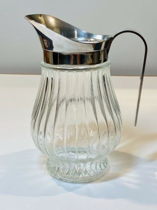 Vintage Ribbed Glass Water Pitcher W Silverplate Handled Collar And Spout Italy