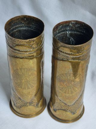 Antique Wwi Trench Art Pair German Shell Case Vases Ypres 1915 & Arras 1917