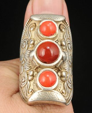 Chinese Tibetan Silver Inlaid Red Coral Handwork Carving Ring Jewelry S612