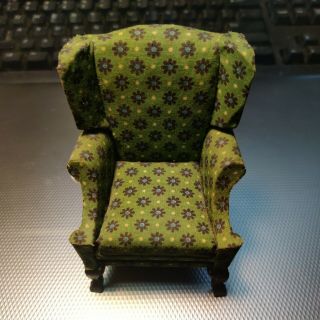 Vintage Dollhouse Upholstered Green Floral Wingback Arm Chair Kage