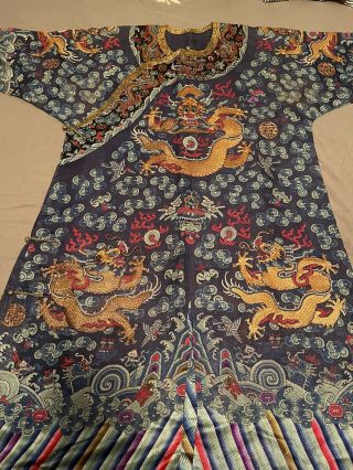 Exceptional Antique Chinese Blue Silk Dragon Robe Textile with Great Detail 2