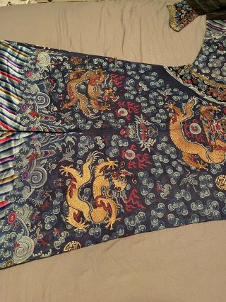 Exceptional Antique Chinese Blue Silk Dragon Robe Textile with Great Detail 5