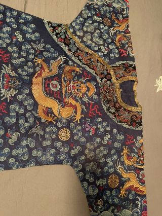 Exceptional Antique Chinese Blue Silk Dragon Robe Textile with Great Detail 6