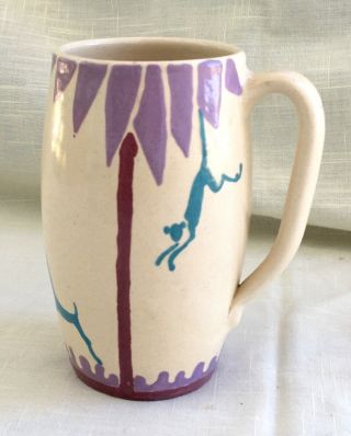 Vtg/antique Art Deco Studio Art Pottery Tall Mug/vase,  Monkey,  Unicorn,  Boy 1930
