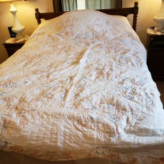 Vintage Full Size Quilt Bed Spread Floral Repair Or Craft 77 " X80 " Pink Blue