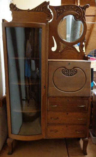 Vtg Antique Oak Secretary Bookcase Curved Glass Display Case Beveled Mirror - Al