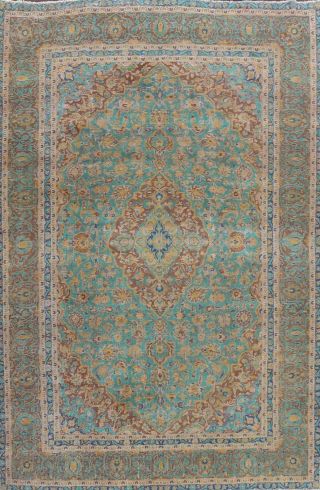 Floral Semi - Antique Turquoise Hand - Knotted Area Rug Wool Oriental Carpet 9x12 Ft