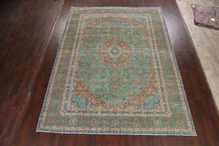 Floral Semi - Antique Turquoise Hand - knotted Area Rug Wool Oriental Carpet 9x12 ft 2