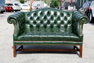 Vintage Chesterfield Sofa Loveseat With Nailhead Trim Green Couch Wood Legs