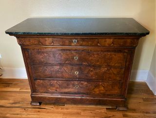 19th C Antique Walnut Burl Veneer Dresser Chest Of Drawers W Marble Top - We Ship