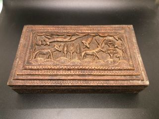 Antique Wood Carved Jewelry Box Valet Trinket Change Box Treasure Chest Rare Old