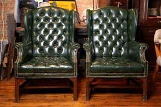 Vintage Wingback Chairs Chesterfield Green Leather Arm Chair Office Loft Library