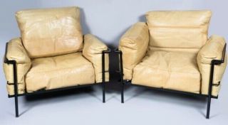 Pair Le Corbusier Beige Leather Lounge Chairs Lc3 Midcentury Modern