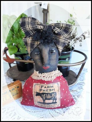 Primitive `handmade Black Stump Doll` Old Label Farm Fresh Milk Cow