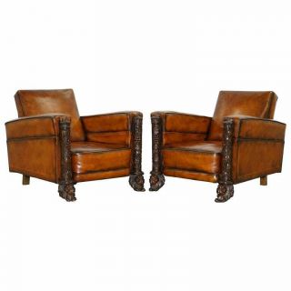 Victorian Brown Leather Club Armchairs 17th Century Cherub Putti Angels