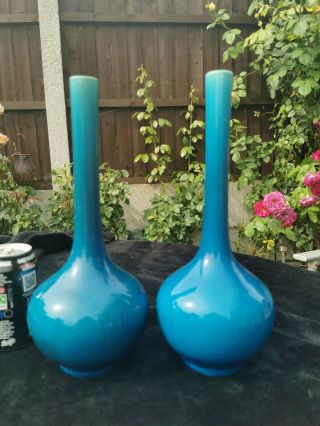 Pair Chinese Japanese Early Turquoise Porcelain Monochrome Vases