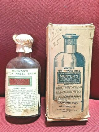 Antique Medicine Bottle Quack: Early Version Munyon’s Witch Hazel,  Contents Emb.