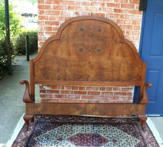 French Antique Burled Walnut Queen Size Bed With Rails.