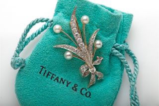 Antique Tiffany & Co Platinum 18k Yellow Gold Pearl 1.  50ct Diamond Brooch Pin