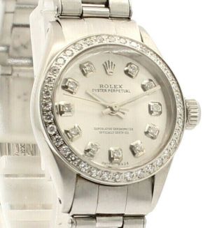 Rolex Oyster Perpetual 25mm Shiny Silver Dial Diamond Steel Ladies Watch