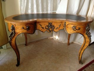 Antique French Style Kidney Shaped Leather Top Writing Desk W/ Brass Or Bronze