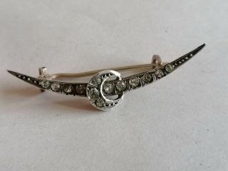 Antique Sterling Silver Clear Stone Crescent Moon Brooch