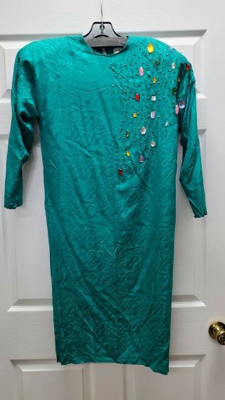 Vintage 80s Classic Adrianna Papell 100 Silk Green Dress Size 4 Jewels Beaded