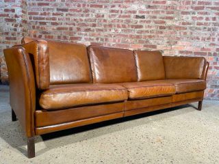 Vintage Danish Hans Mogensen 1970 Fully Restored Tan Three Seater Leather Sofa
