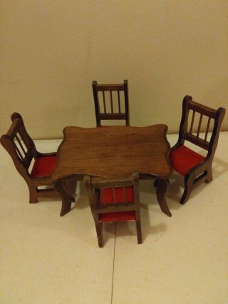 Vintage Dollhouse Wood Dining Room Table And Chairs Set Made In Taiwan Red Seats