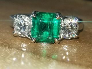 Vintage 14k White Gold Three Stones Ring 3.  18ct.  Natural Green Emerald Gia Cert