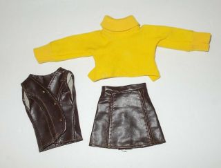 Vintage Barbie Clone Maddie Mod Brown Leather Skirt & Vest,  Yellow Jersey