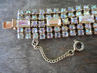 Vintage 5 Row Crystal Ab Rhinestone Bracelet With Safety Chain