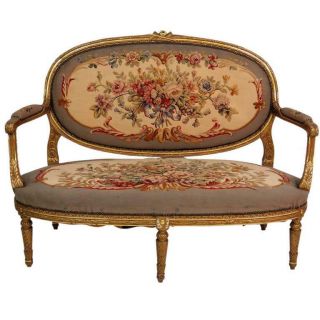 19th Century Gilded Carved Louis Xvi Aubusson Cameo Back Sofa Settee