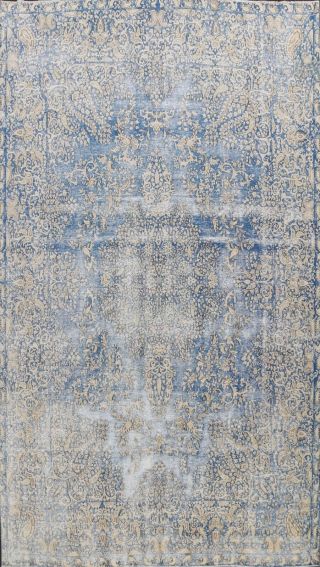 Distressed Semi Antique Overdyed Kirman Area Rug Evenly Low Pile Handmade10 