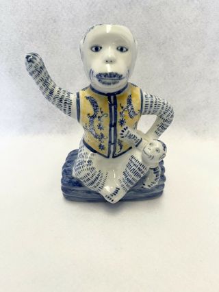 Vintage Chinese Blue,  White,  And Yellow Porcelain Monkey Unique No Chips/cracks