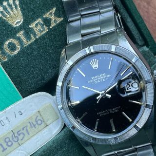 Rolex 1503 Oyster Perpetual Date 34mm Watch Black Gilt Glossy Dial,  Box & Papers