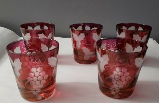 Vintage Cranberry Cut To Clear Grape Etched On The Rocks Glasses