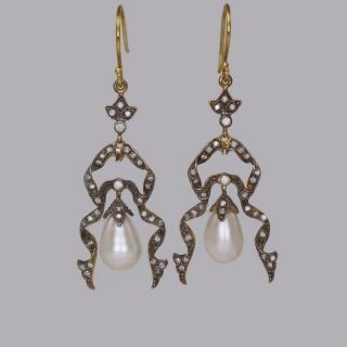 Antique Pearl & Diamond Dangle 18ct Gold & Silver Victorian 2 1/4 " Drop Earrings