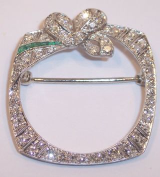 Antique Art Deco 18k Solid White Gold Diamond & Emerald Circle Brooch Pin