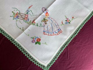 Vintage Crinoline Lady Hand Embroidered Irish Linen Tablecloth Crocheted Edging