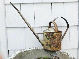 Old Vintage Small Hand Painted Roses Watering Can Flowers Garden Rusty Patina