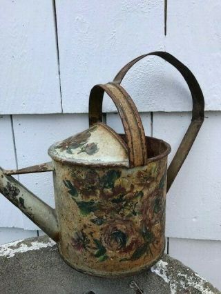 Old Vintage Small hand Painted Roses Watering Can Flowers Garden Rusty Patina 2