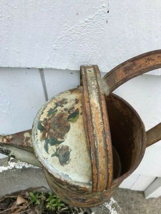 Old Vintage Small hand Painted Roses Watering Can Flowers Garden Rusty Patina 3