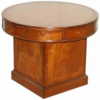 Vintage Flamed Mahogany Drum Table Brown Leather Top Regency Style Fine