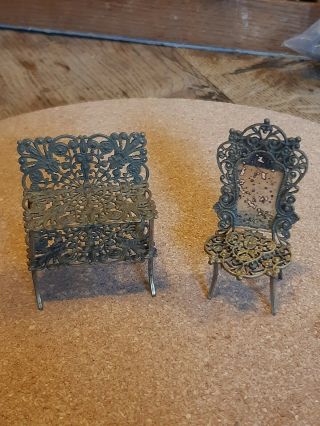 Antique Dolls House Furniture Filigree Shelving & High Back Chair With Mirror 2