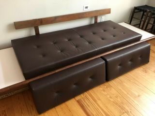 Vintage Mid Century Modern Leather Sofa Couch w Floating End Tables 2