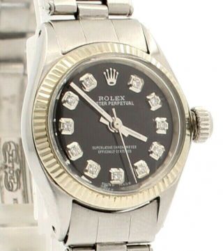 Rolex Oyster Perpetual 25mm Black Dial Diamond Stainless Steel Ladies Watch